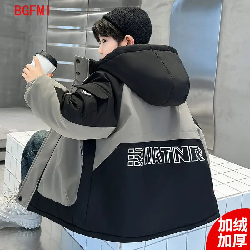 Winter Warm Boys Fleece Lined Patchwork Hooded Zip Jackets School Kids Windbreaker Parka Children Track Coats Outfit Tops 5-16Yr