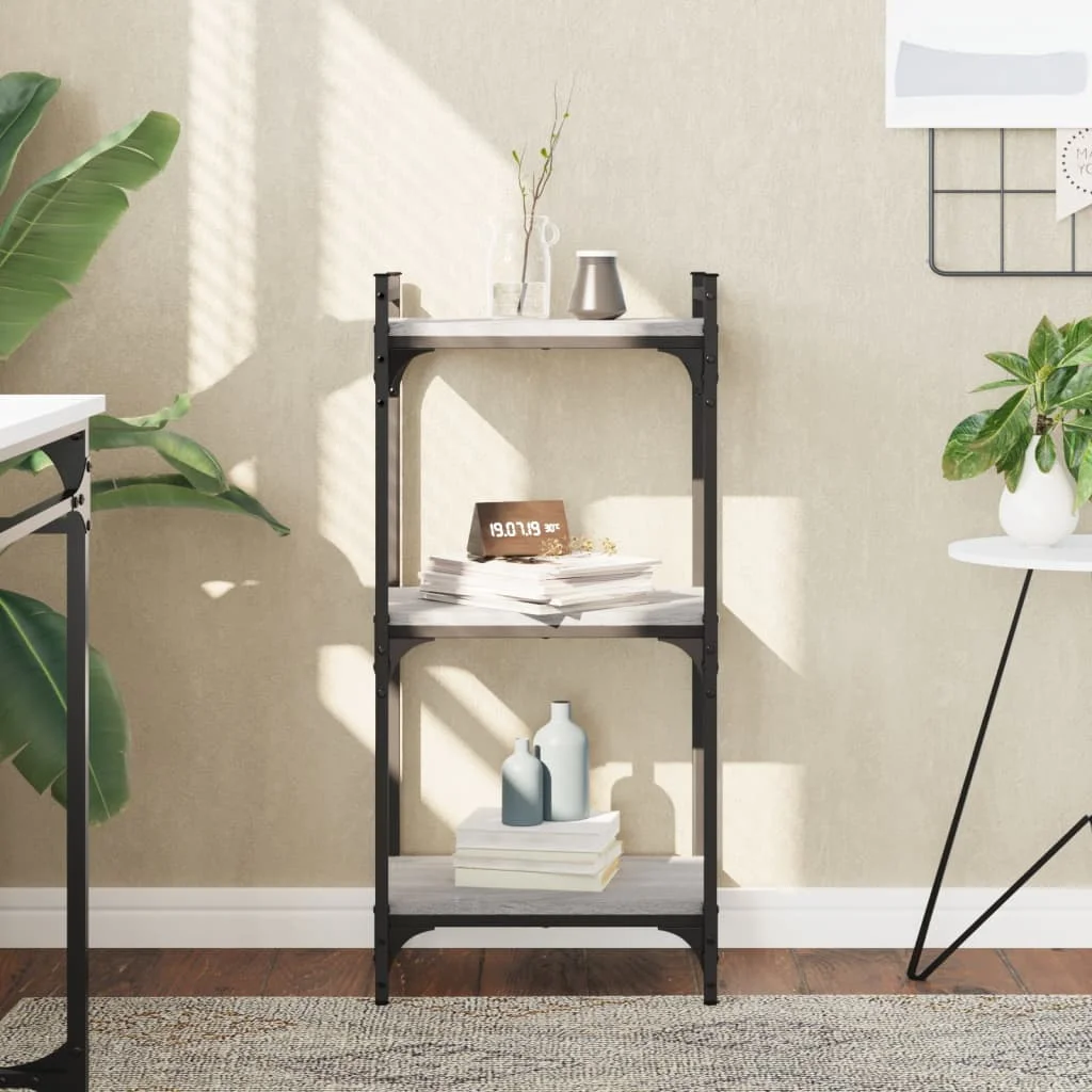 3-stufiges Bücherregal in Sonoma-Grau, 40 x 30 x 86 cm, aus Holzwerkstoff, freistehendes Bücherregal mit offenen Ablageflächen für Wohnzimmer und Büro