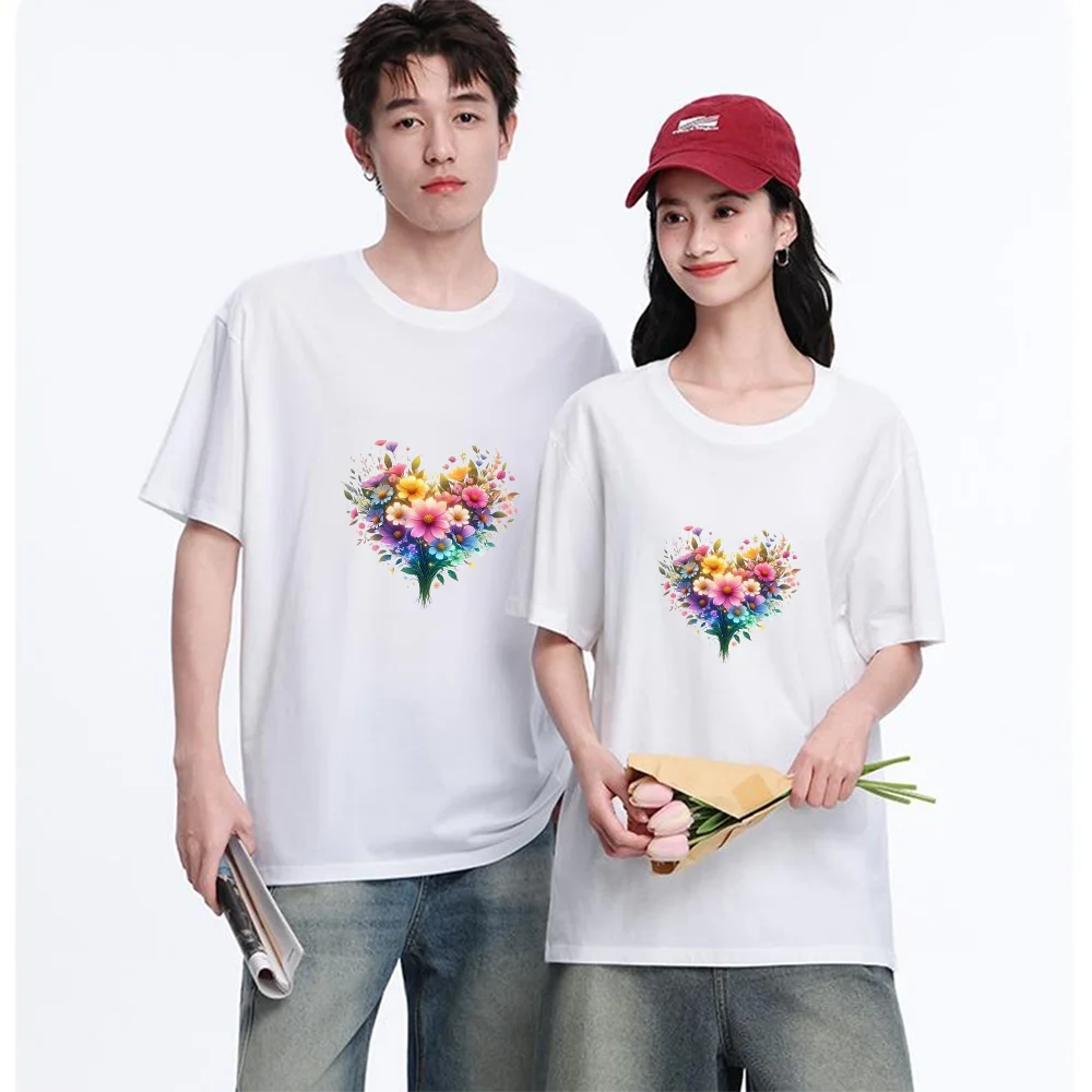 Colorful Heart Shaped Flower Bouquet Printed T Shirt Breathable Fabric S-XXL Personalized Custom Aesthetic Graphic Top Unisex Fi