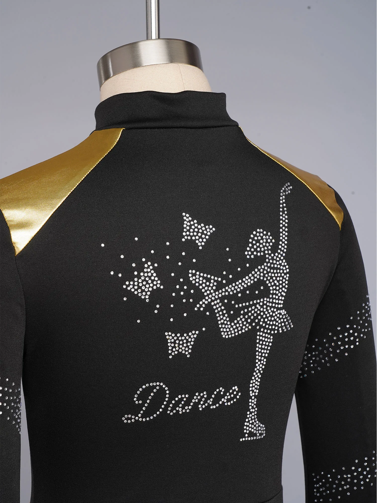 Kids Girls Rhinestones Figure Ice Skating Performance Costume Long Sleeve Zip-Up Jumpsuit Gymnastics Workout Training Bodysuit