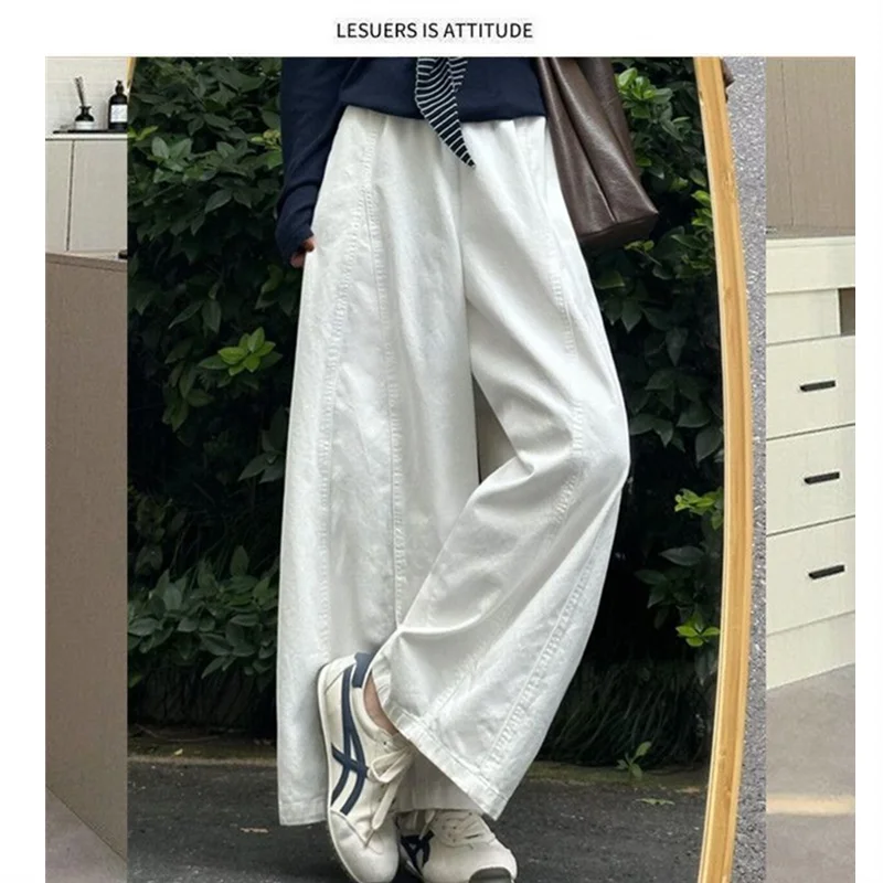 Spring Summer Baggy Sweatpants for Women Elastic Waist High Waisted Trousers White Pleated Wide-leg Draping Casual Trousers