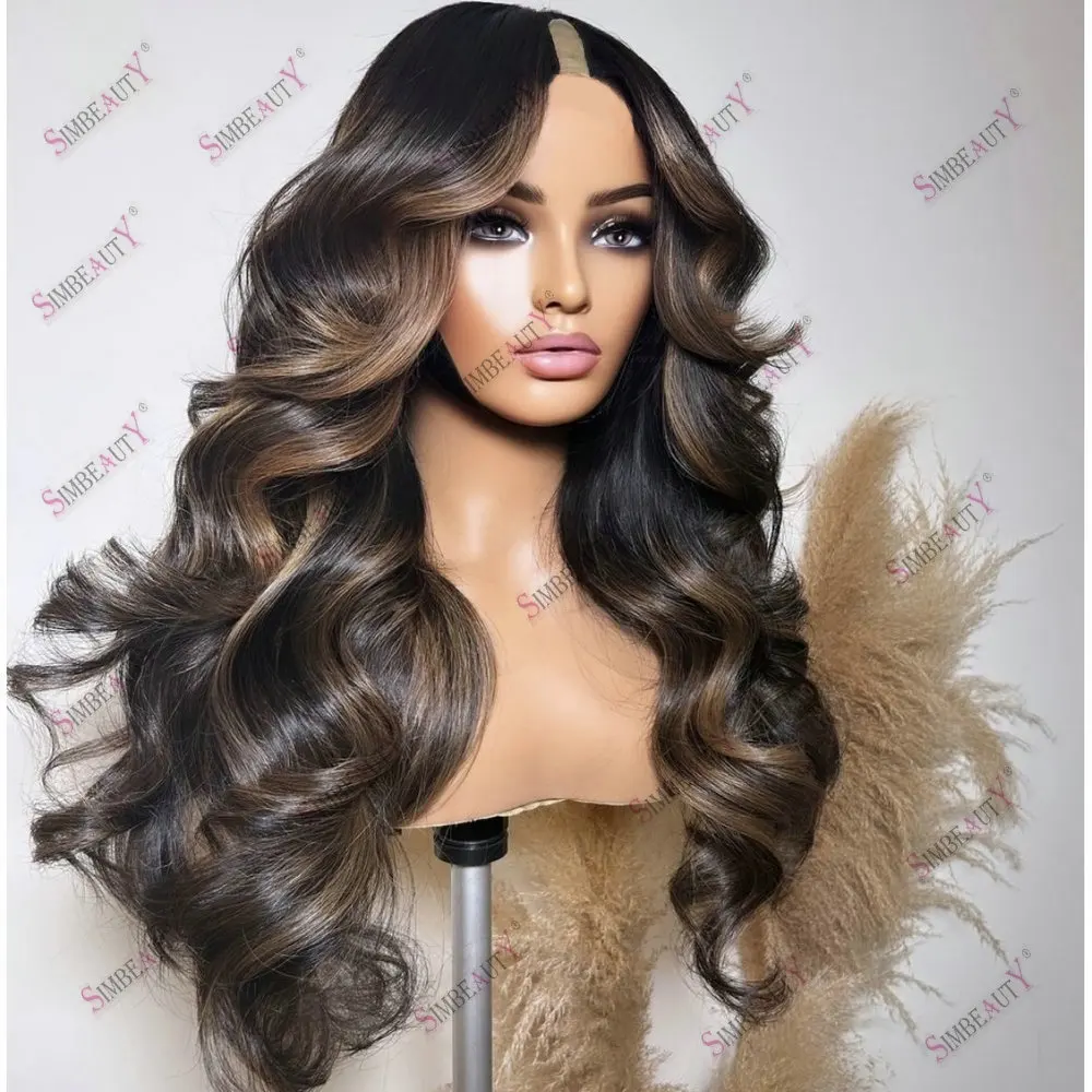 Honey Brown Hightlight U Part Wig Human Hair Adjustable Body Wave 1*4 Size V Part Wig Remy Peruvian Hair Easy Wear for Women