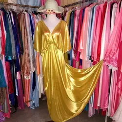 Glossy Deep V Neck Back Sexy Women Satin Maxi Dress Loose Plus Size Long Dress Sleeping Robe