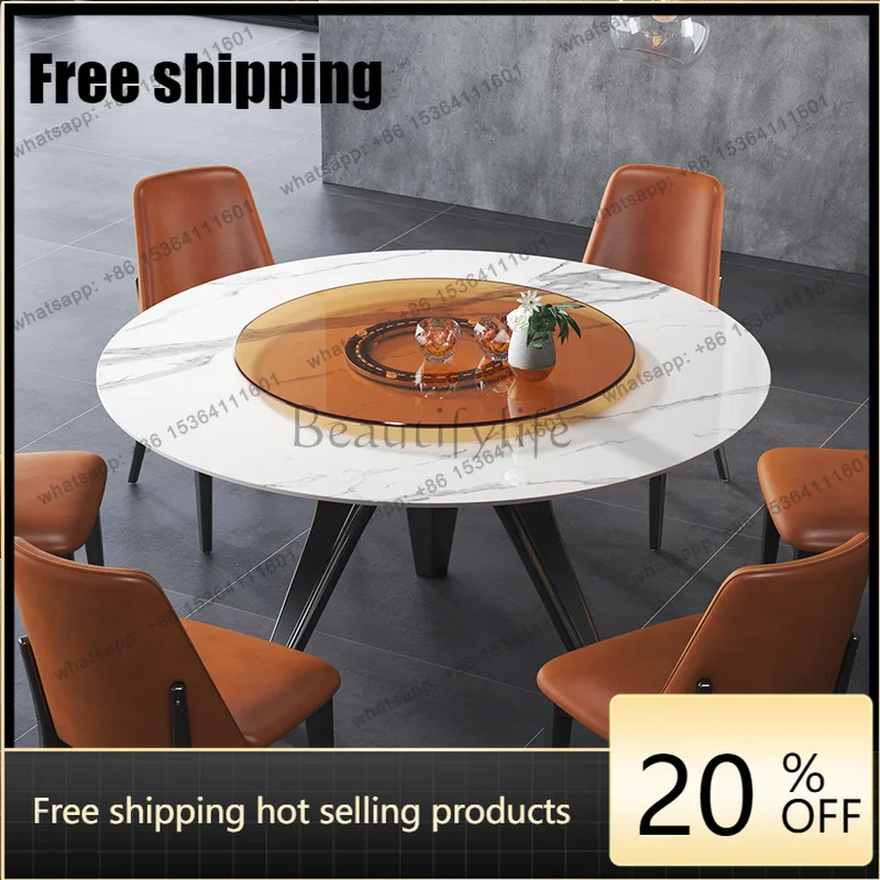HJ Italian light luxury dining table round table modern simple household small apartment with turntable