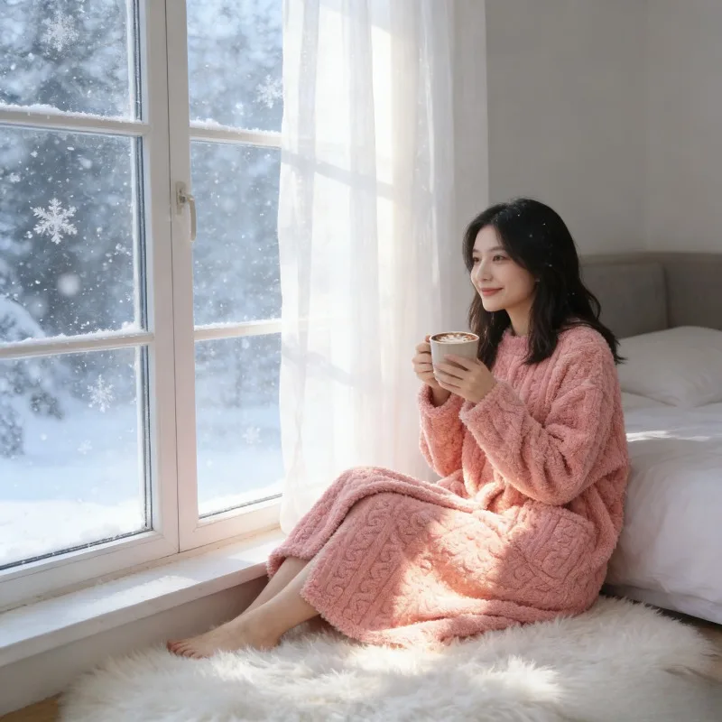 

Теплый халат из кораллового флиса для женщин, удлиненный, свободного кроя, домашняя пижама-халат с карманами