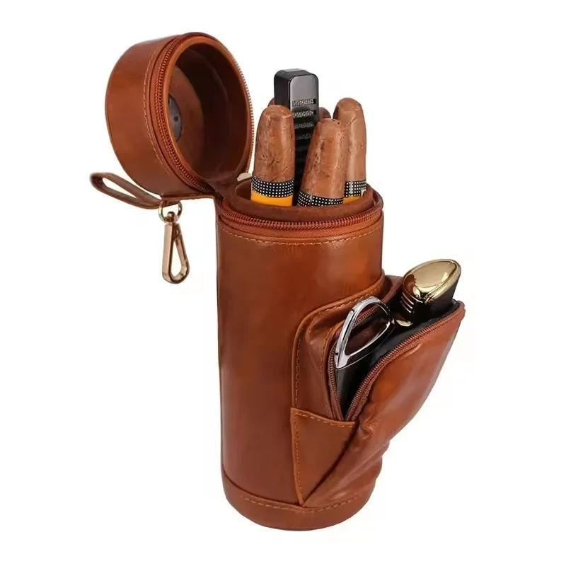 

Large Capacity Leather Cigar Tube Humidor with Zipper Pocket & Hygrometer - High Quality Multi-function Storage Solution