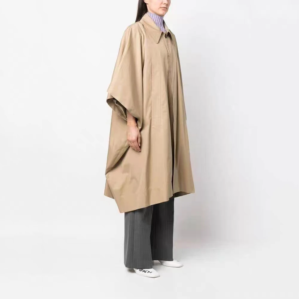 Beige oversized loose silhouette bat trench coat 2023 fall new simple design cape wind single-breasted long Women's coat