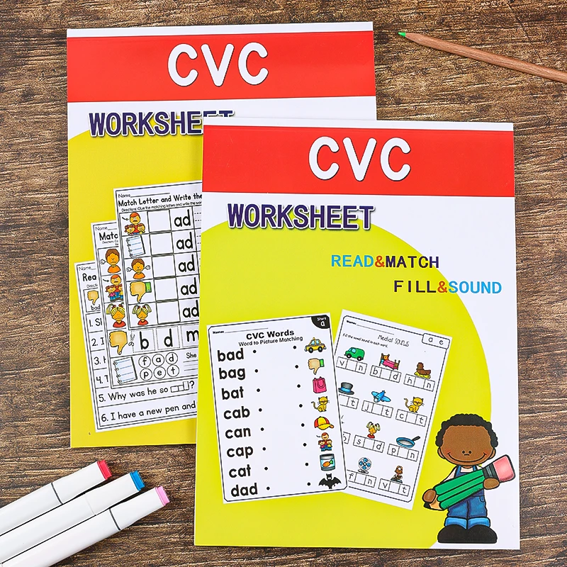 54/60 unidades Aprendizaje, lectura y escritura de actividades de vocabulario utilizando CVC: actividades fonéticas, incluida el rastreo de palabras, conexión de palabras