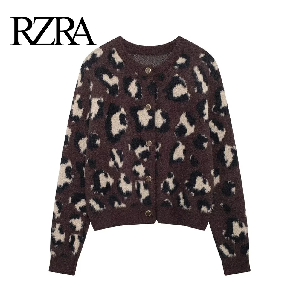 RZRA2024 autumn and winter new women's round neck animal pattern jacquard faux fur effect knitted jacket soft and comfortable