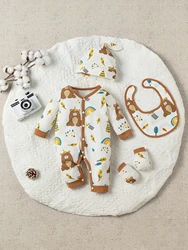 Infant's Cute Bear Rainbow Print Bodysuit & Bib & Mittens & Hat, Comfy Cotton Long Sleeve Onesie, Baby Boy's Clothing