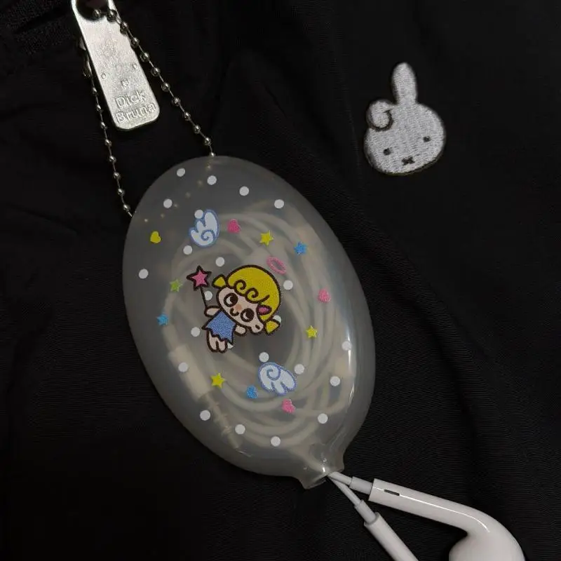 Cute Cartoon Angel Pendant Keychain Harajuku Transparent Oval Earphone Storage Bag Portable Data Line Organizer Pouch〔White〕