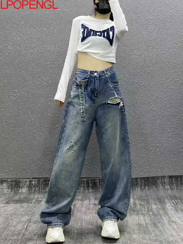 

Personalized Perforated Casual Loose Jeans Women's High Waist Loose Fit Straight Wide Leg Patchwork Pocket Floor Length Pants