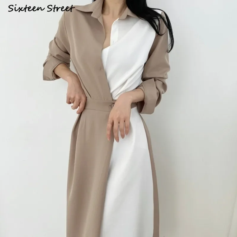 Chic Patchwork Khaki Dress Woman Turn-down Collar Fall  Korean Elegant Bodycon Dress Female Runway Business Maxi Dresses