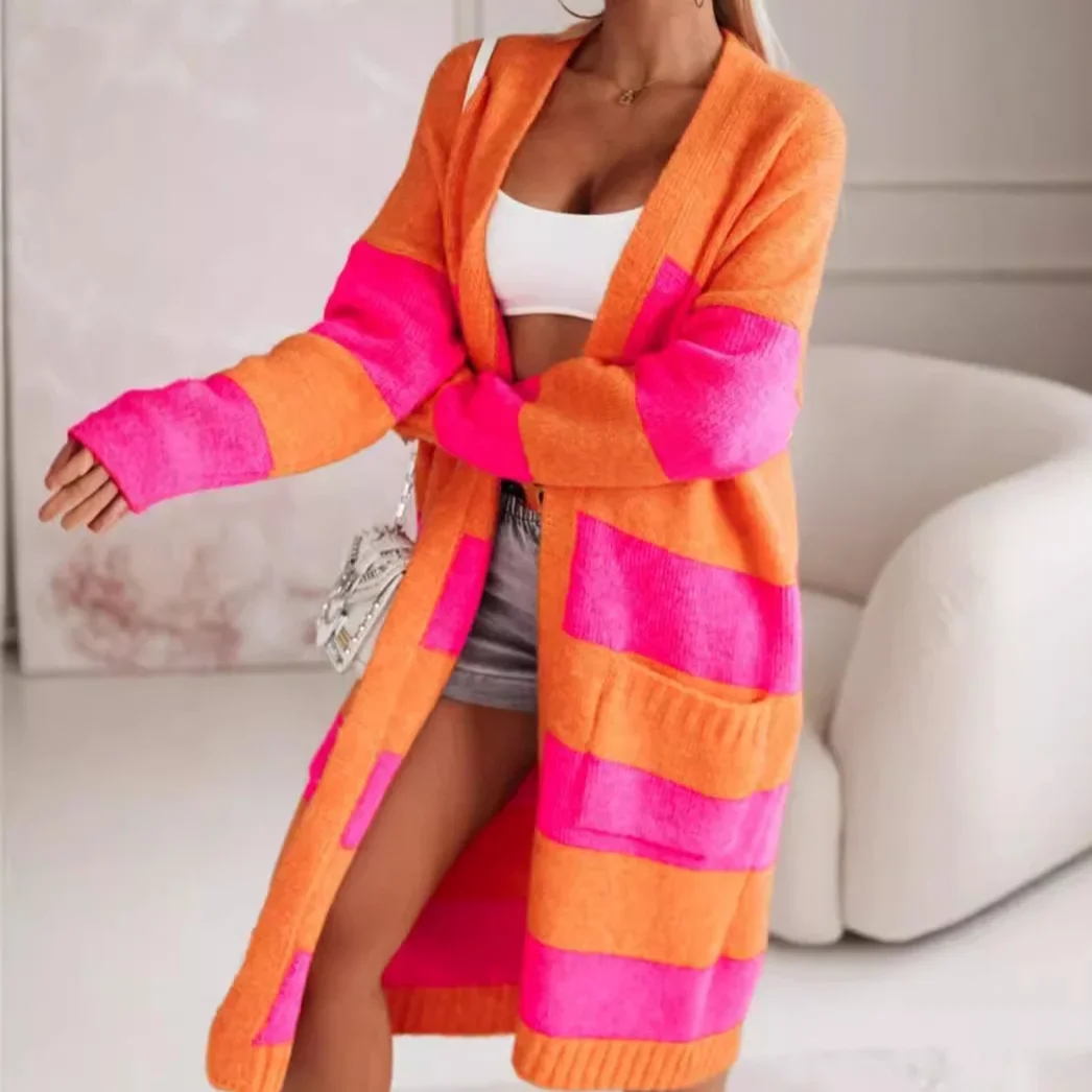 Women Striped Sweater Cardigan Kintted Jacket Spring Autumn 2024 Crochet Loose Long Winter Maxi Warm Jumper Coat Cardigans