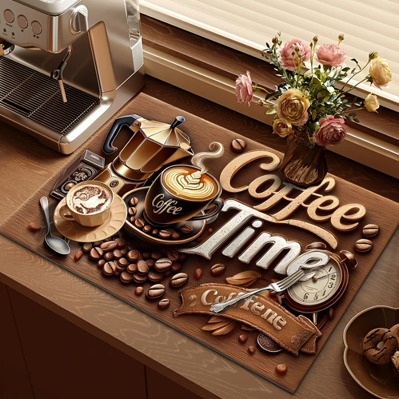 Coffee Cup Heart Print Kitchen Drying Mat,Coffee Letter Graphic Non Slip Quick Dry Counter Mat for Coffee Bar Kitchen Table Gift
