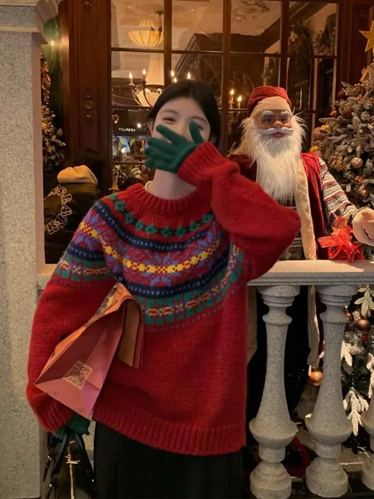 

Корейский вязаный свитер в стиле ретро, женский свободный крой, Thiened круглый Ne Fair Isle Motif, тема Cisas, повседневная одежда