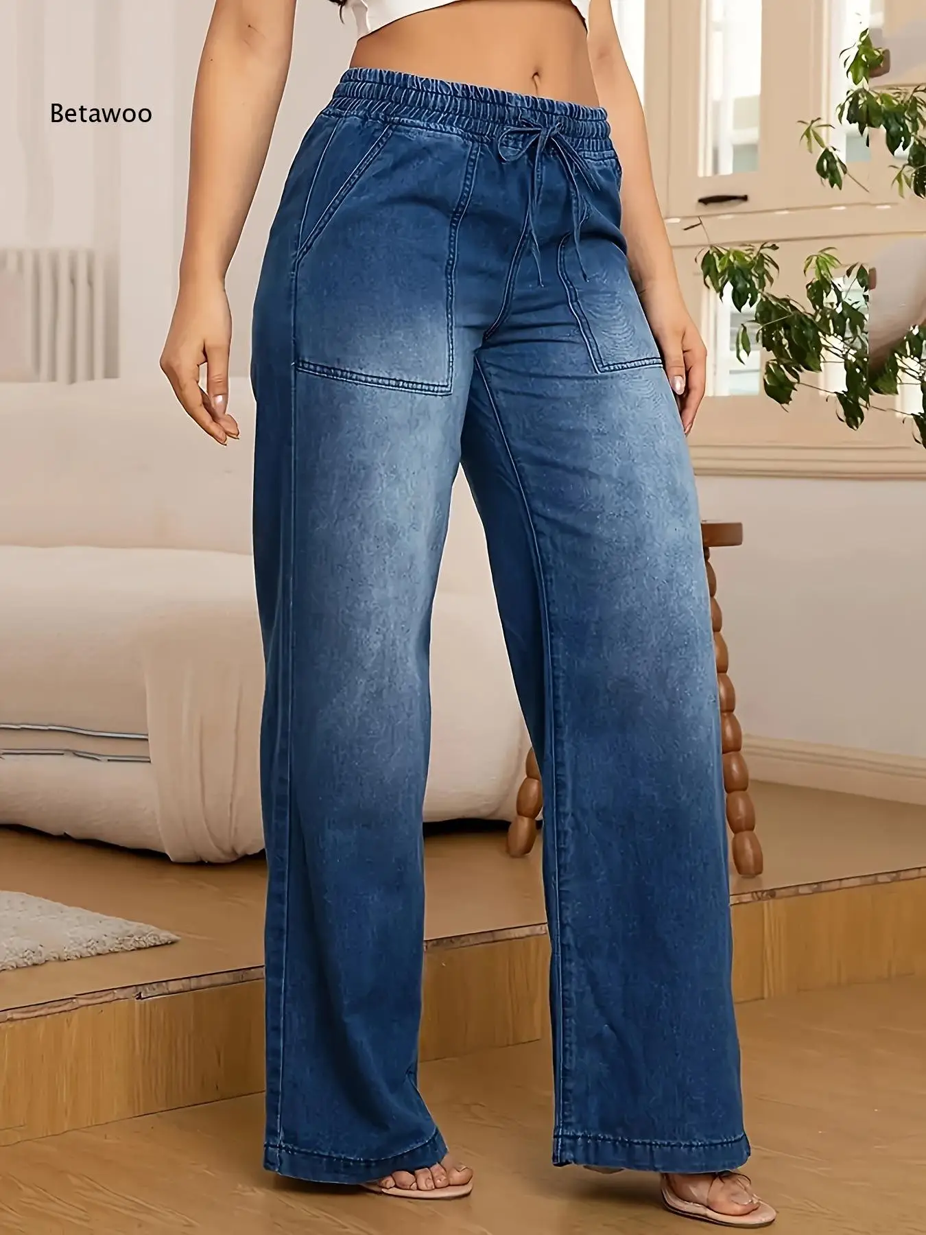 Women Vintage Grey Drawstring Elastic Waist Wide Leg Jeans Patch Front Pockets Loose Full Length Denim Pants