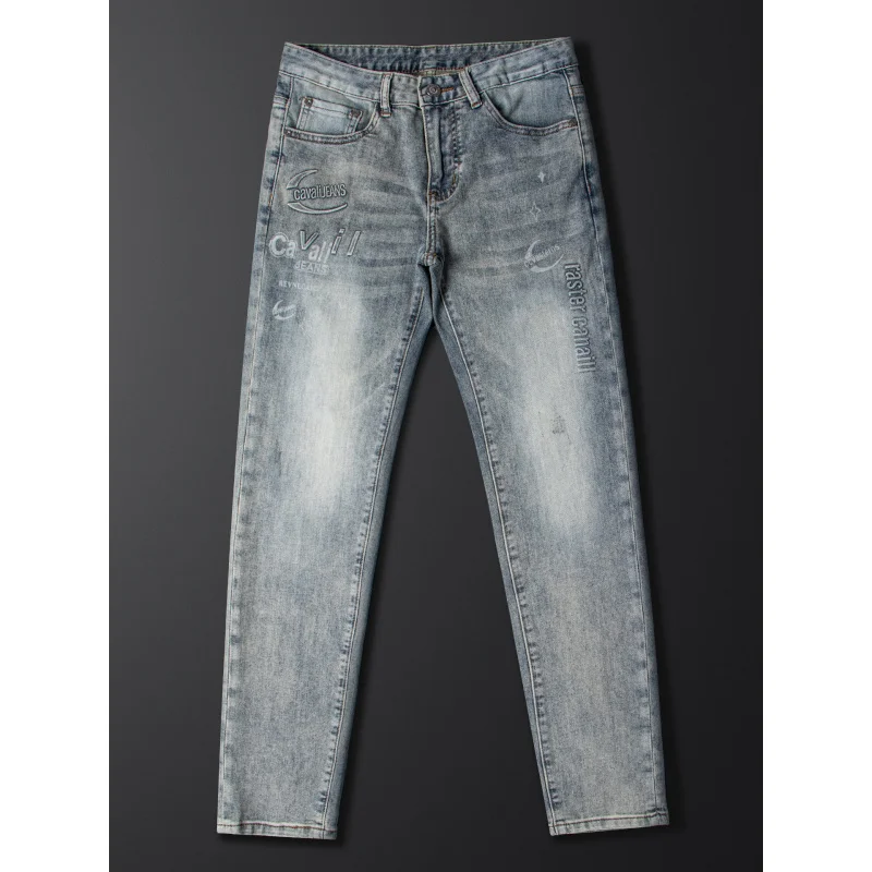 

Новинка 2025, мужские летние тонкие джинсы, модные утягивающие брюки с тиснением, маленькие прямые потертые эластичные брюки