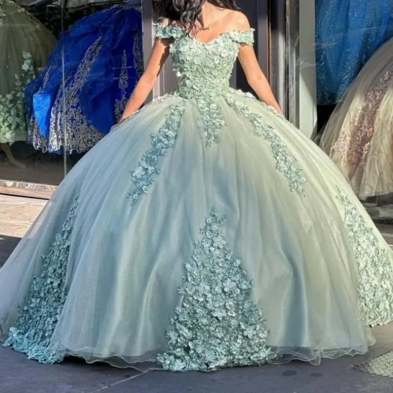 

Elegant Sage Green Women Birthday Party Dresses Off Shoulder Lace Applique Bow Ball Gown Prom Dress Sweet 15 Quinceanera Dancing