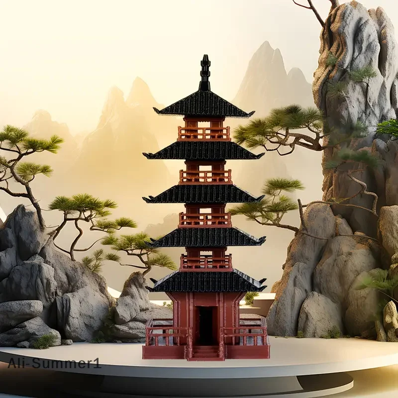 【E】Mini Pagoda Statue Chinese Ancient Building Model Pavilion Decorations Simulation Statue Zen Garden Aquarium Bonsai Decor