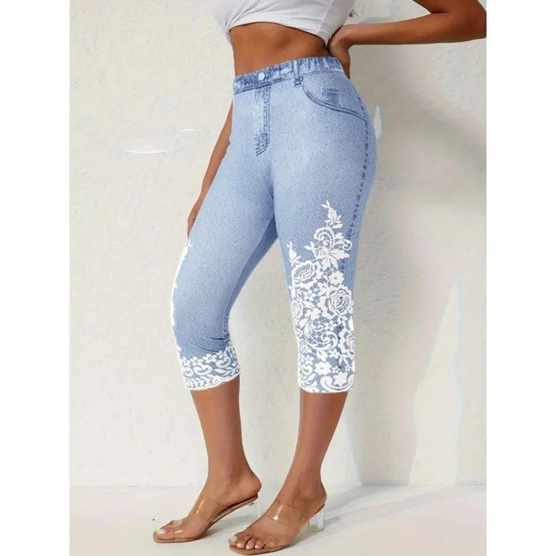 Printed Crop Leggings Seven-Quarter Length Invisible Function Women's Pants Fashionable Print Design Acrylic Fiber Material
