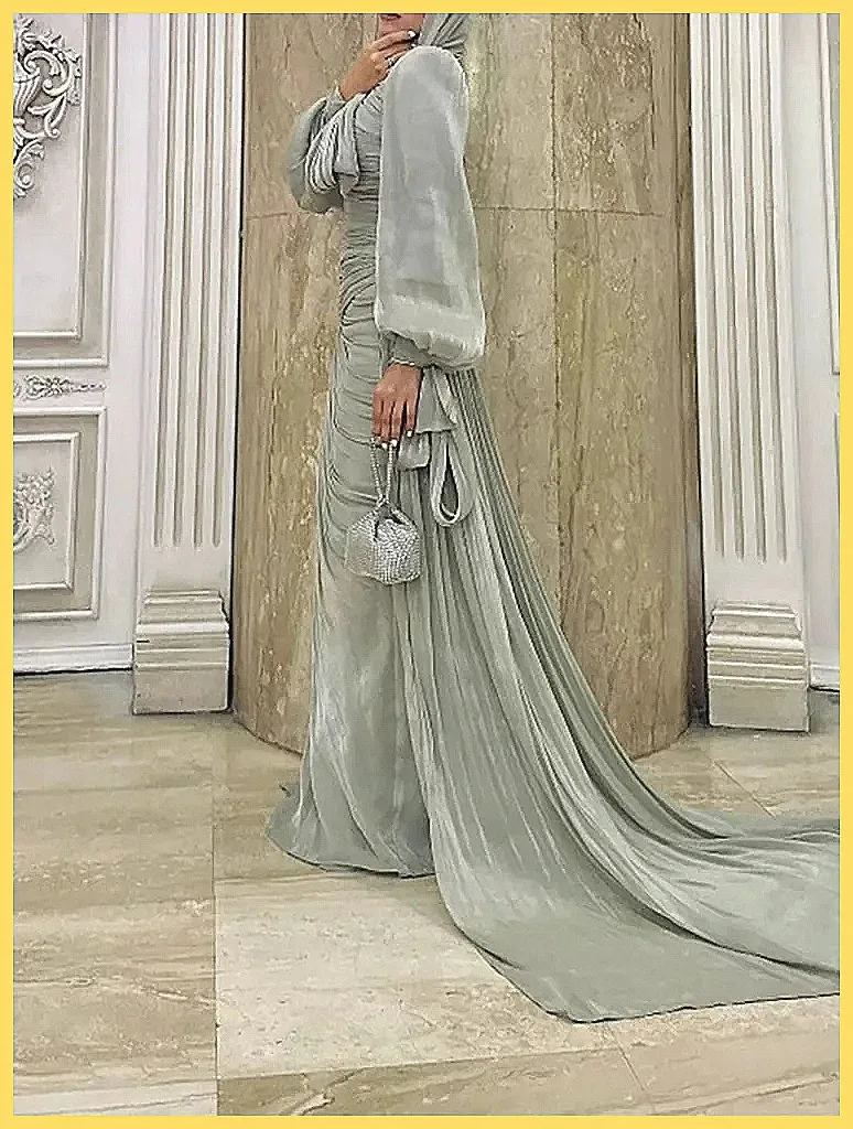 

Elegant Pleated Maxi Dress for Women, High Waist Long Sleeve Evening Gown for Party Banquet