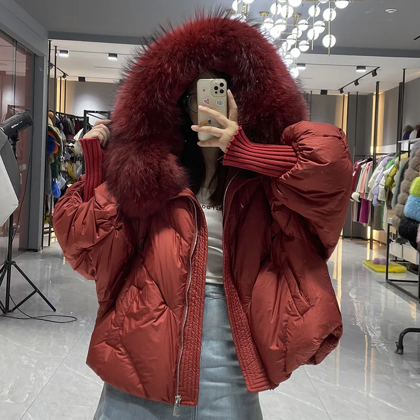 

JANEFUR женская зимняя белая куртка на гусином пуху, большая куртка-пуховик из натурального меха с капюшоном, утепленная теплая вязаная куртка средней длины с рукавами JFB8-25008