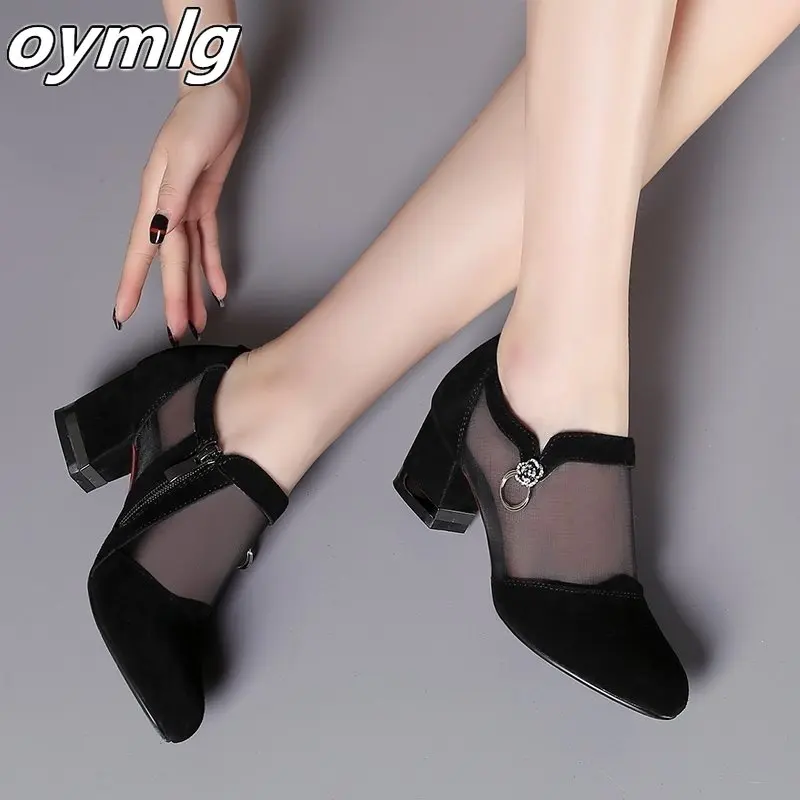 Summer Women High Heel Shoes Mesh Breathable Pumps Zip Pointed Toe Thick Heels Fashion Female Dress Shoes Elegant Footwear