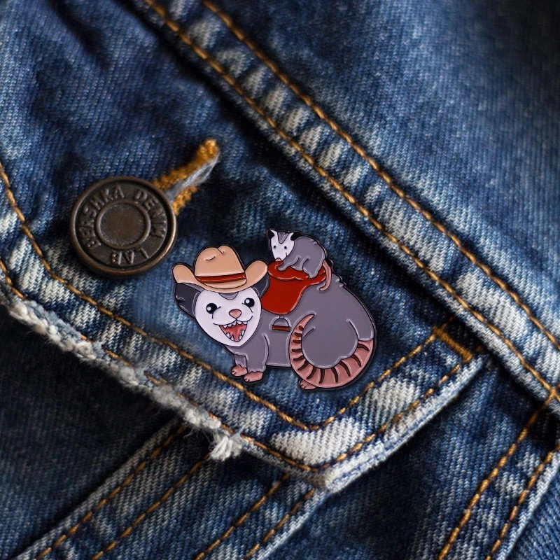 Cowboy Possum Father and son Opossum Badge Soft Lapel Pins Rodent Marsupial Enamel Brooch Badges Women Fashion Jewelry Gifts