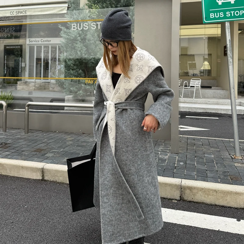 

Женское повседневное свободное двустороннее шерстяное пальто в корейском стиле с принтом, длинный кардиган с воротником из меха альпаки с отделкой