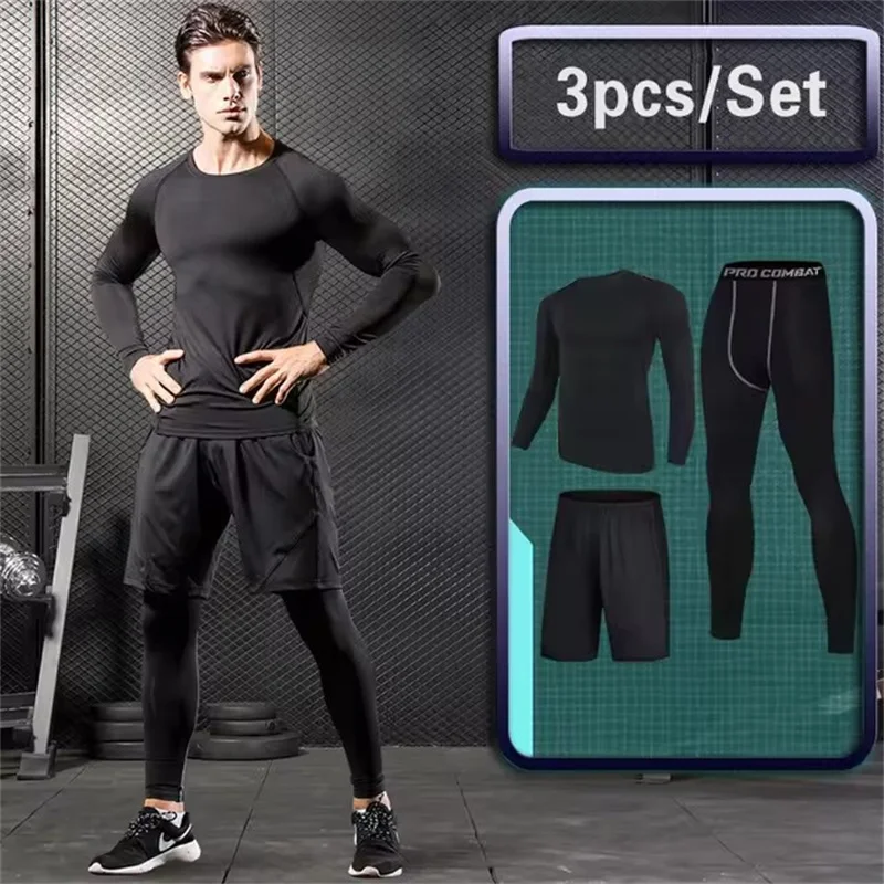 Men Compression Sportswear Set Gym Running Sport Clothes Jogging Tights Tracksuit Fitness T-Shirt Windbreaker Leggings