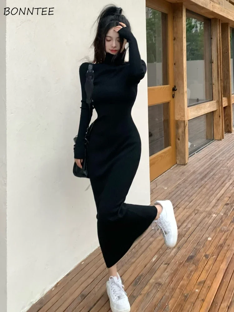 Black Maxi Dresses Women Slim Turtleneck Sexy Girls Elegant Autumn Winter Party Wear Fashion Ulzzang Vestidos De Fiesta Casual