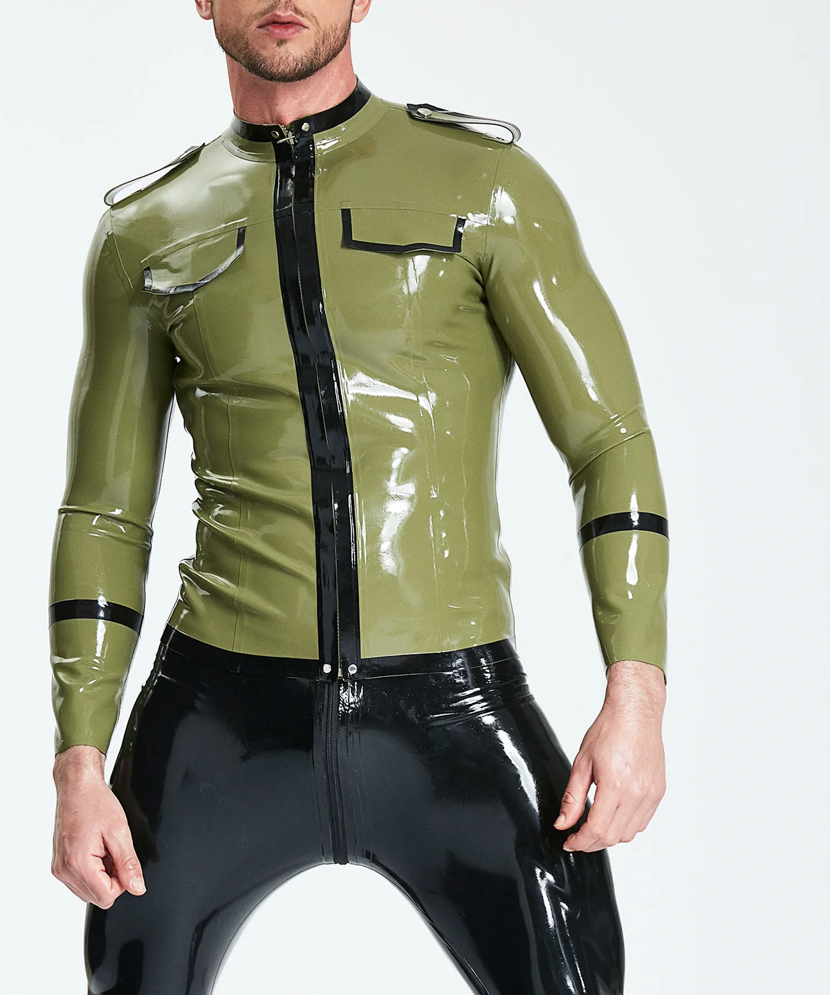

customized rubber men's olive green latex jacket black accents long sleeve zip front rubber top fashion club wear cosplay