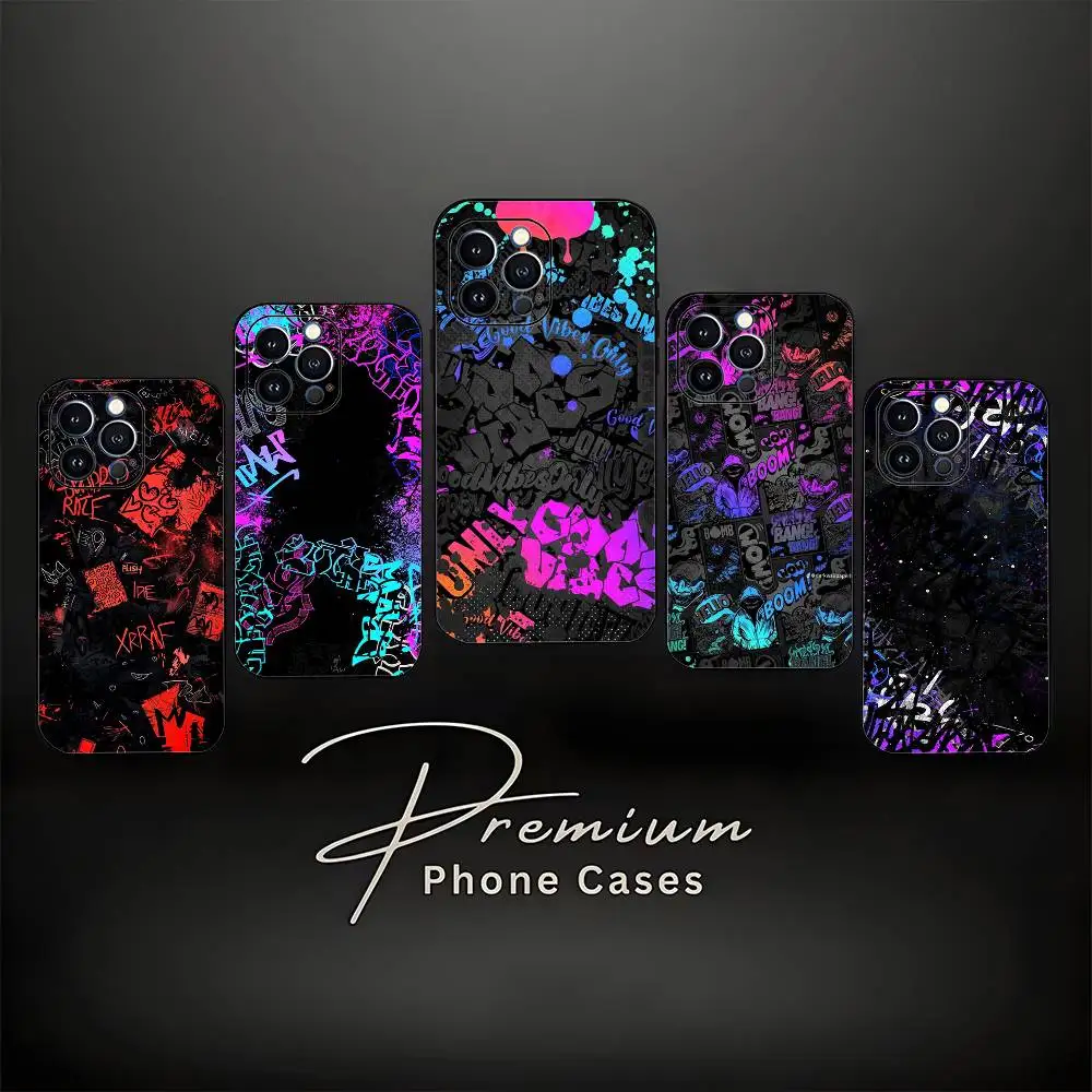 Etui na telefon z wzorem graffiti dla iPhone 17, 16, 15, 14, 13, 12, 11, Pro Max, XS, X, XR, SE, Mini, 8, 7, miękki silikonowy czarny pokrowiec