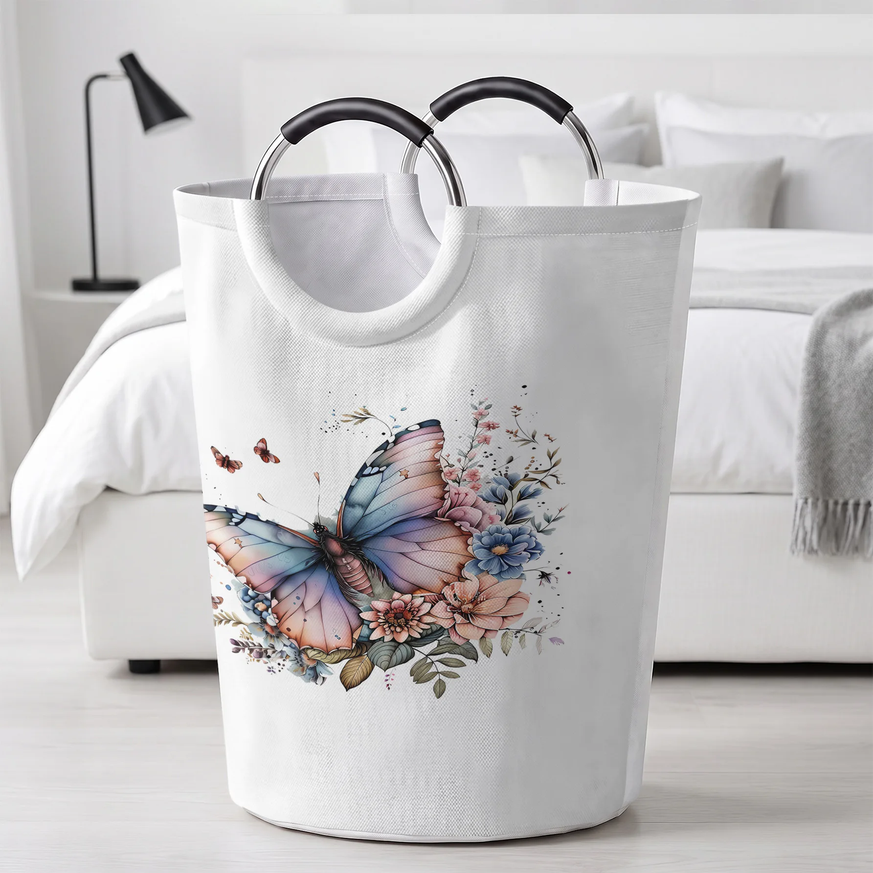 Watercolor Gradient Butterfly Floral Print Handheld Storage Basket, For Laundry, Bedroom & Home Sundries Storage