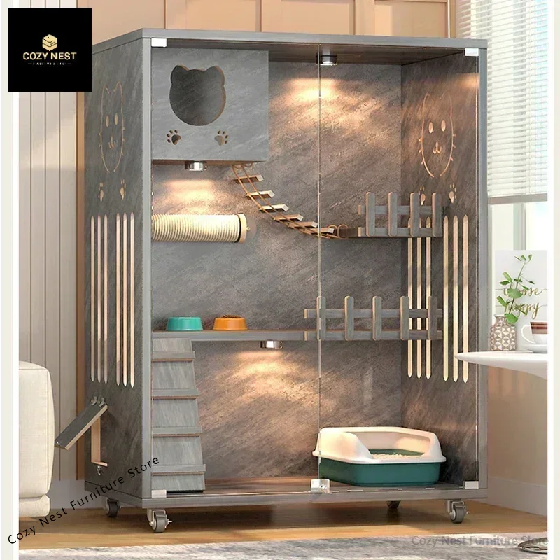 Solid Wood Large Cat Cage House Cattery Three-layer Home Breeding Cat Cabinet Indoor Wooden Luxury Cat Villa