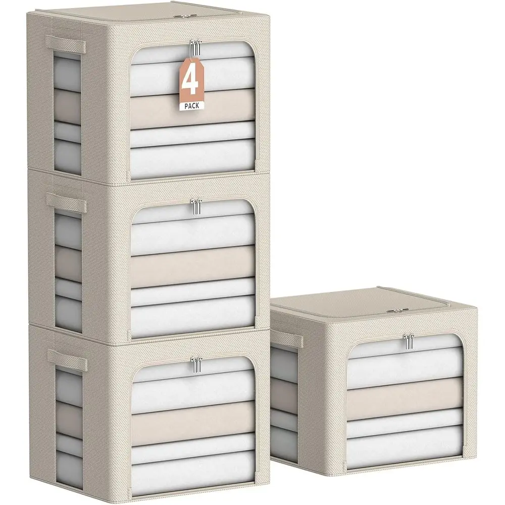 

Collapsible Fabric Storage Boxes with Metal Frame, Clear View & Handles - 4 Pack Organizers (Beige, 15.7x11.8x11.8)