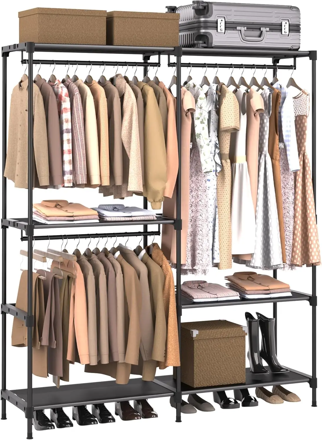 

Портативный шкаф с полками и штангами для подвешивания, органайзер для гардероба большой вместимости, простая сборка черного цвета