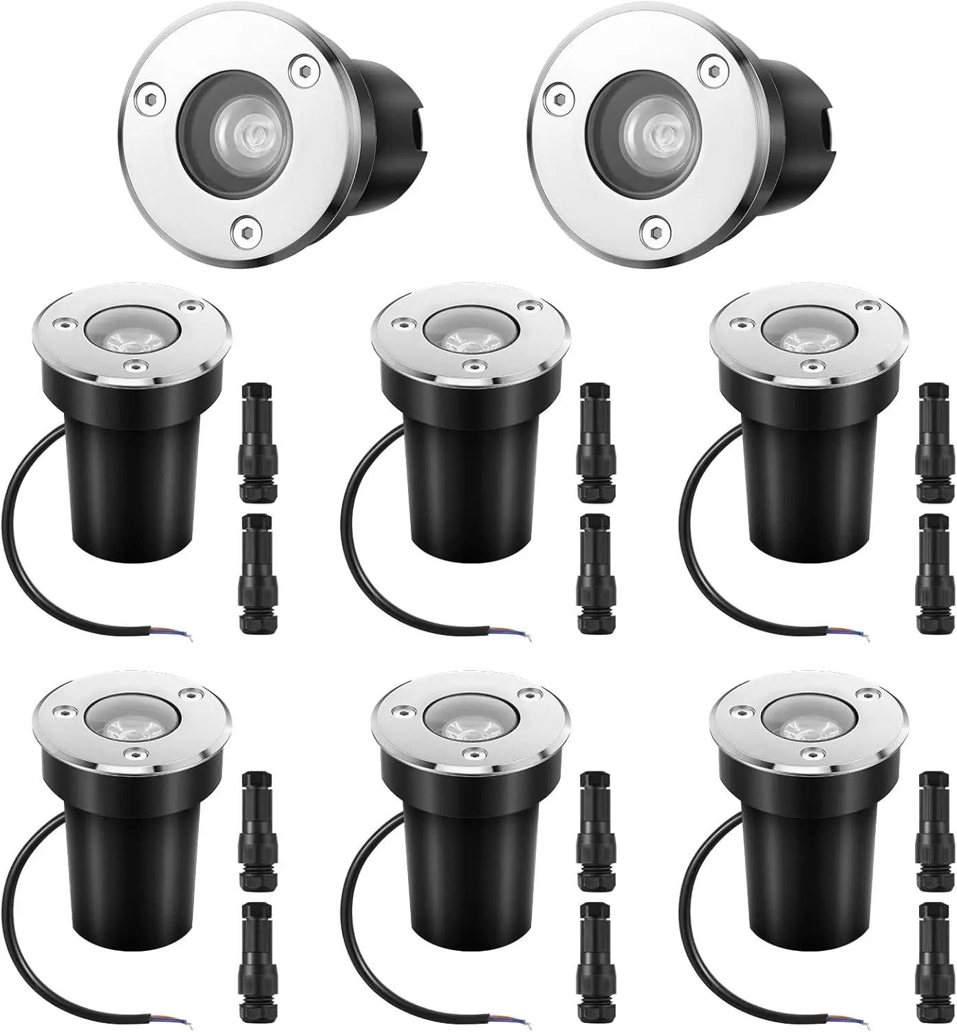 8 Pcs 1W LED Well Lights Low Voltage Landscape Lighting with 16 Connectors, 12-24V IP67 for Sidewalk Paver Garden Step Lawn