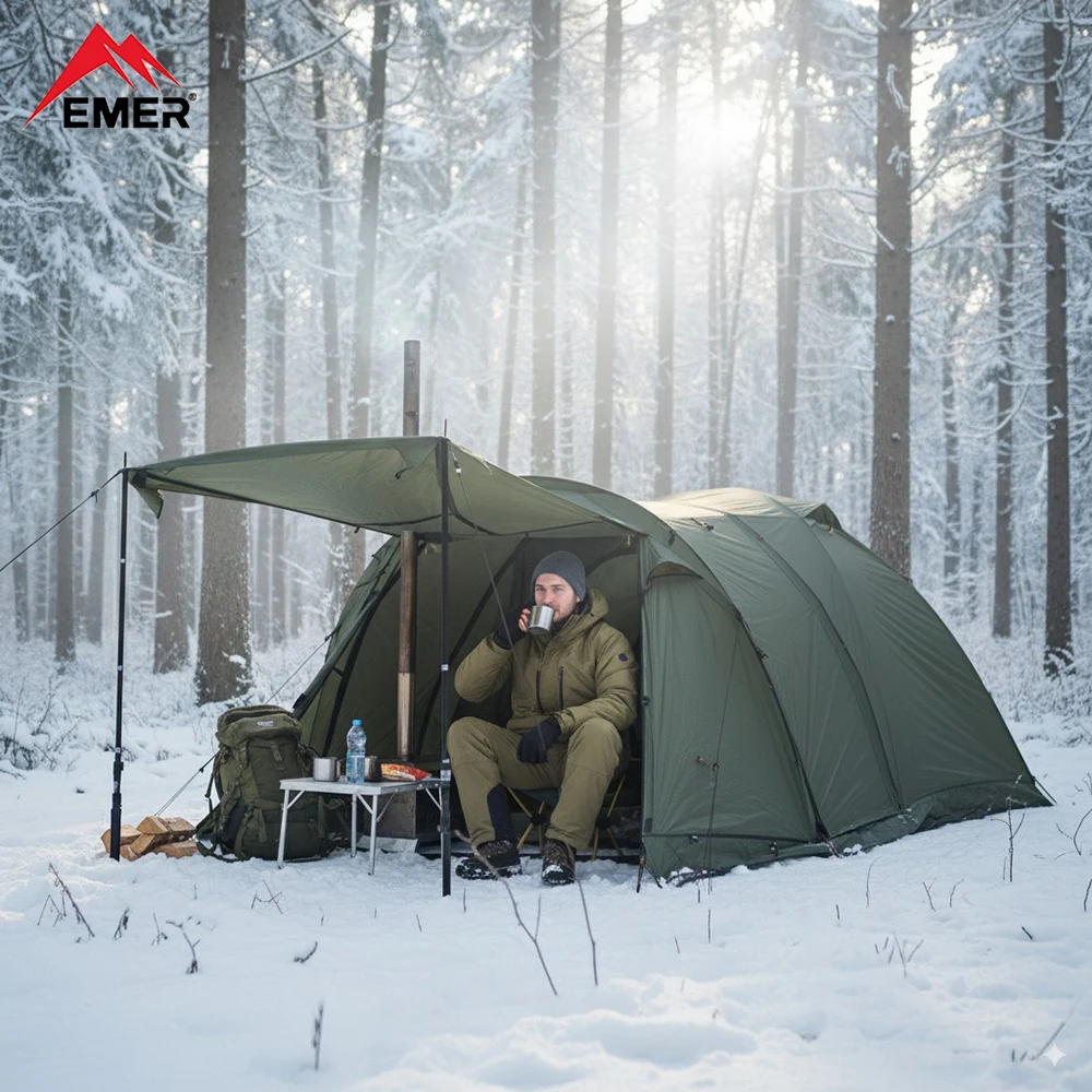 

EMER 2-местная огнестойкая палатка с дымоходом и печью, снежная юбка, водонепроницаемая зимняя палатка для зимнего кемпинга, охотничья палатка