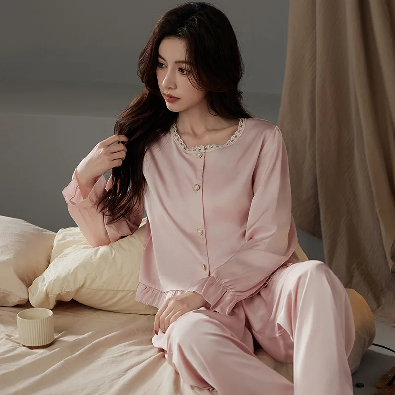 Ladies pajamas, spring, summer and autumn long-sleeved trousers household clothes and ruffled ice silk suits can be worn outside 5
