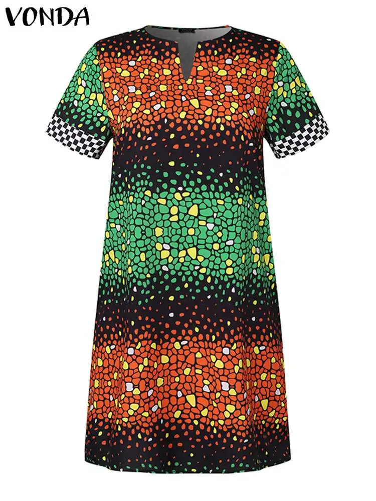 Plus Size Women Summer Dress 2024 Fashion Short Sleeve Party Mini Dress VONDA Bohemian Printed Sundress Sexy Beach Vestidos