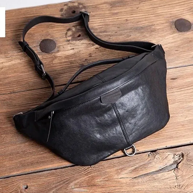 AETOO Retro handcrafted men's genuine leather chest bag, top layer cowhide trendy backpack, niche design mobile phone bag, casua