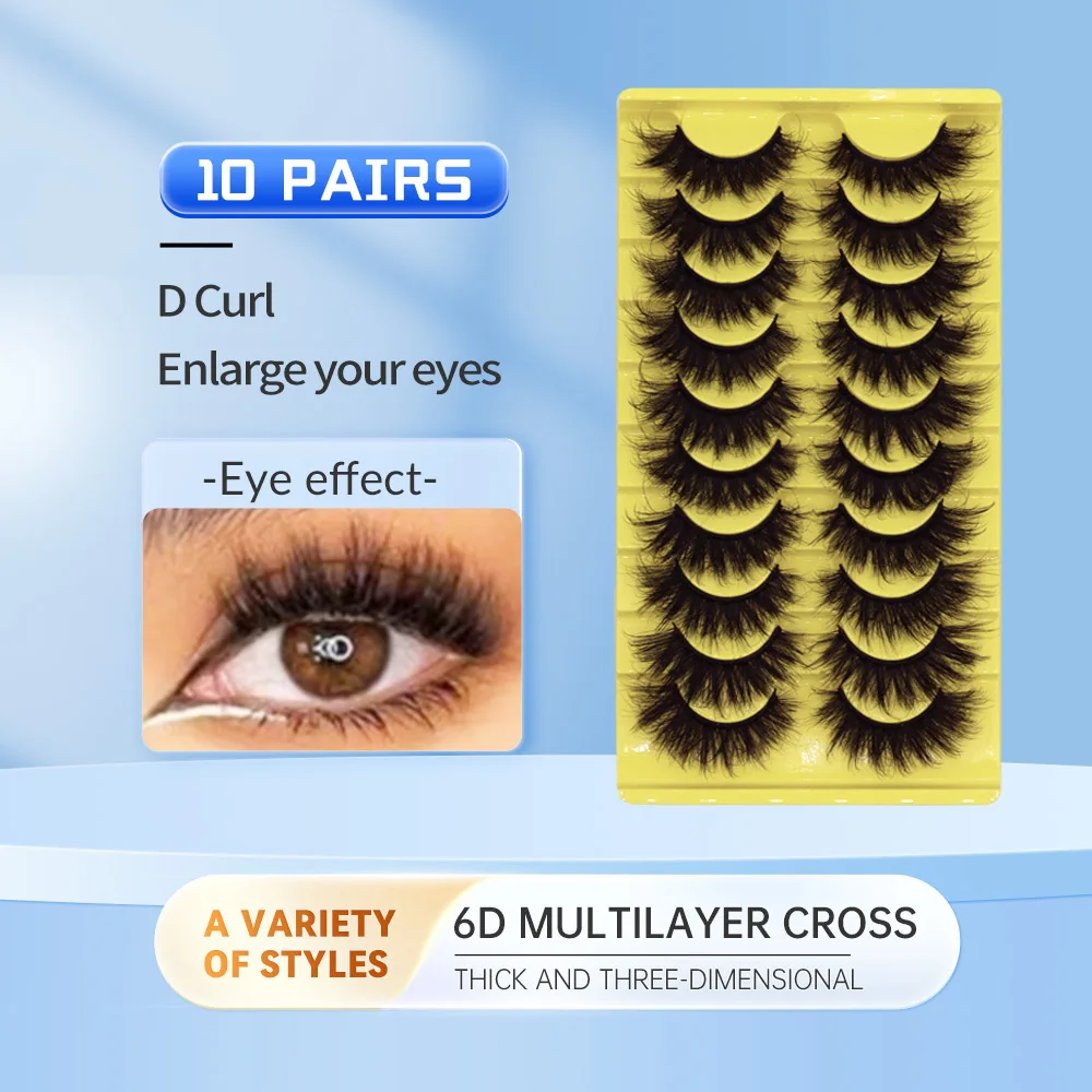 10 pairs of thick false eyelashes, natural lengthening of false eyelashes, black stems, whole 6D lightweight lashes, dramatic im