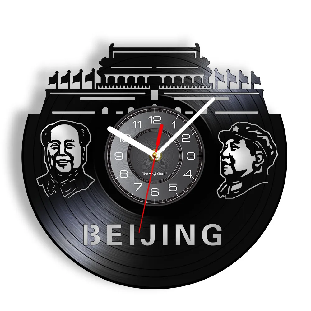 Beijing Skyline Wall Art Vinyl Record Wall Clock Chairman Mao Portrait Vintage Wall Clock China Beijing City Traveling Gift