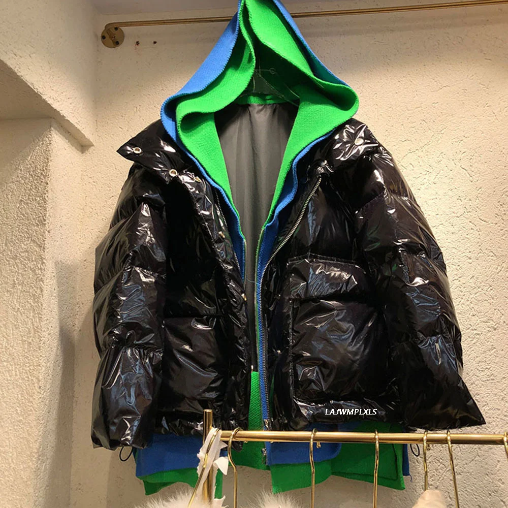 

Трикотажное пальто контрастных цветов в стиле пэчворк 2023, Свободное пальто из двух частей с имитацией хлеба, Повседневная Толстая теплая длинная пуховая куртка для женщин