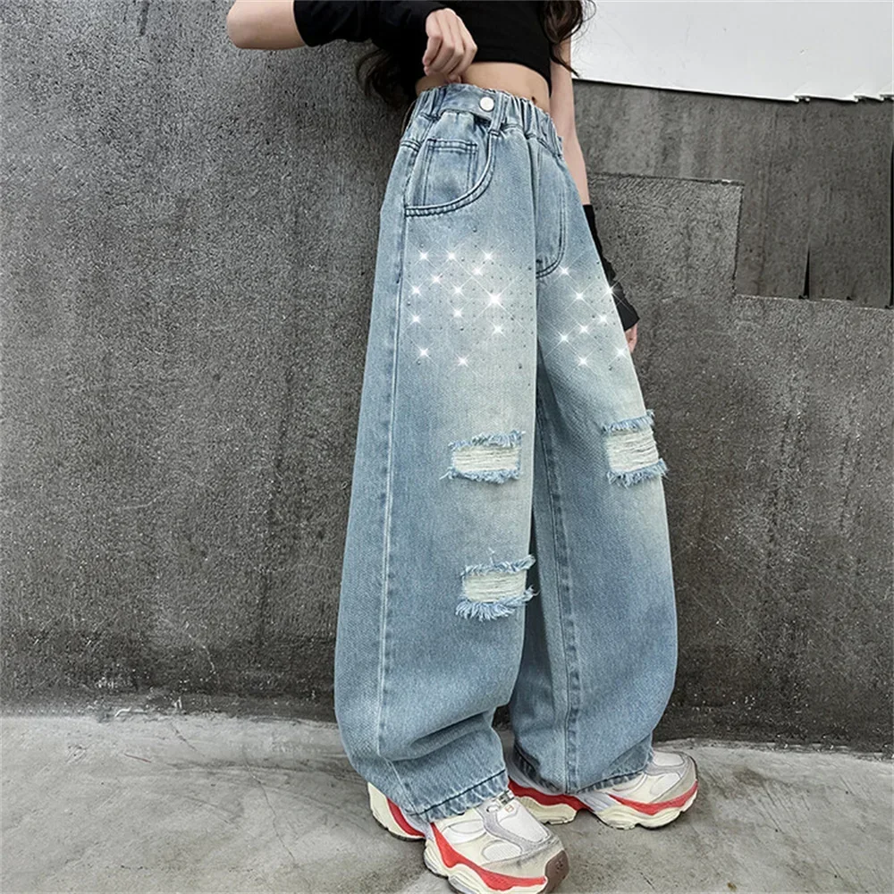 Girls Broken Denim Wide Leg Pants Kids Jeans For Girls High Waist Loose Casual Style Children's Clothing Spring Autumn Trousers