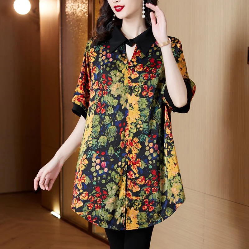 Summer New Loose Casual Floral Printed Patchwork Shirt Female Short Sleeve Vintage Cardigan Blouse Women Oversized All-match Top