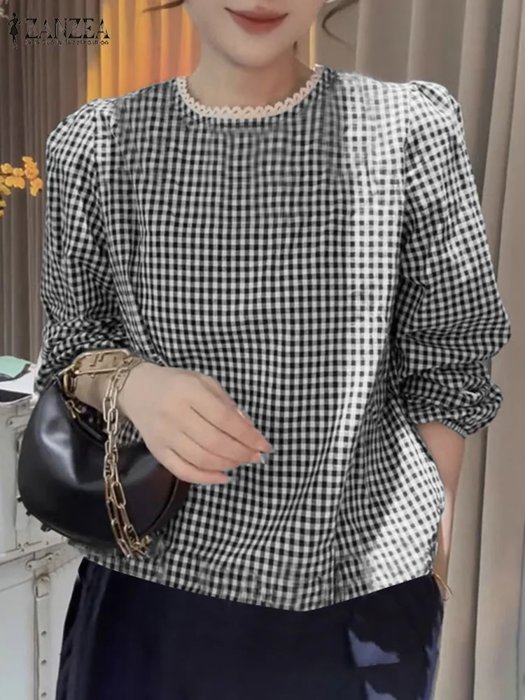 ZANZEA Vintage Gingham Blusas Mujer Checked Women Puff Sleeve Lace Trim O Neck Blouses Streetwear Elegant 2025 Spring Smock Tops