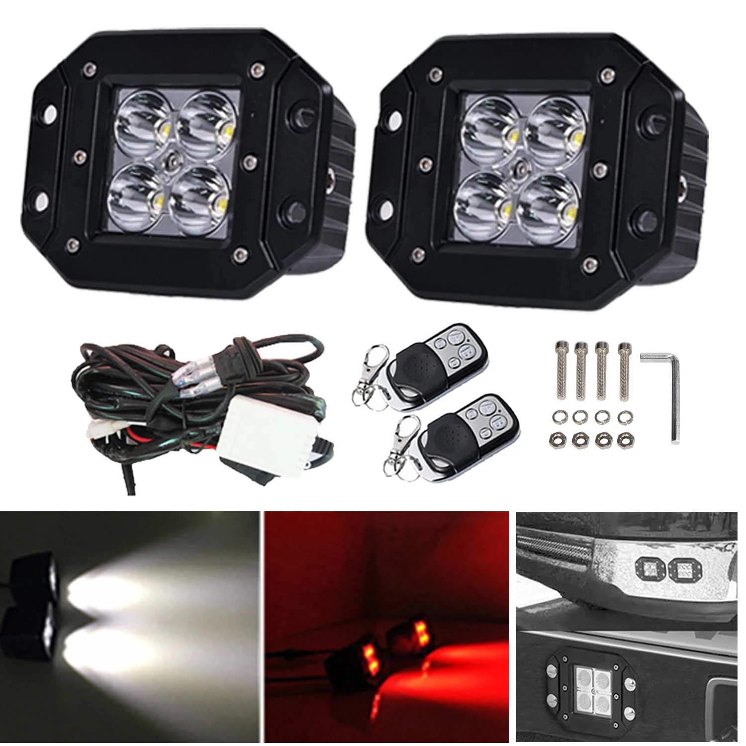 

2pcs Dual Colors 5inch Flushmount Led Work Light Bar Strobeflash Cube Pods Fog Driving Backup Reverse Lamp & Wiring Harness Kit